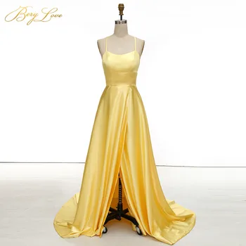 Seksi svijetlo žut атласное večernja haljina 2020 Slit Backless Prom Dress stimuliranje ular pojasevi pre haljina Party Dress Abiye robe femme