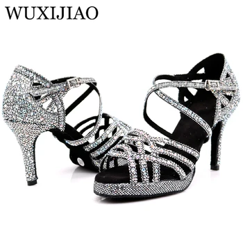 WUXIJIAO New Silver black Latin dance shoes ladies salsa vještački dijamant shoes dance ladies ballroom dance shoes, peta 5cm-10cm