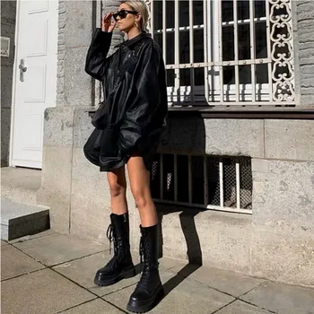 Moda Crna Sredine Telad Cijele Čarapa Botas Mujer Platforme Apartmani Munja Čipka-Up Zimska Obuća Žena Koža Debelim Dnom Čizme Ženske