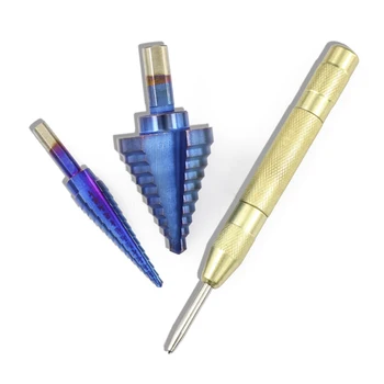 ALLSOME 6Pcs HSS Nano Blue Coated Step Drill Bit With Center Punch Set Hole Cutter Drilling Tool HT2887