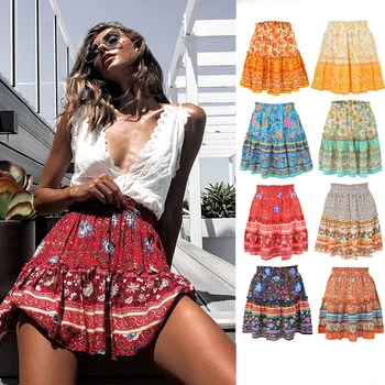 Bohemian Ruffled Skirts susret vama.na womens 2020 New Summer Fashion Floral Printed Women ' s Skirt Casual Lady Beach Boho Mini Skirt