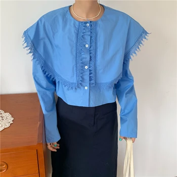 Moda čipke patchwork veliki отложной ovratnik košulja, dugi rukav Žene Svakodnevni korejski japanski stil slobodne kratke bluze su žene vrhovima