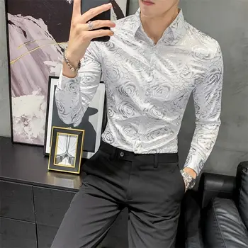 Korejski Muška odjeća jesenske Muške košulje dugih rukava muška haljina zlato srebro Cvjetni print majica muškarci Overhemden Heren visoke kvalitete
