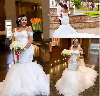 Afrički šljokice čipke berba Sirena vjenčanice 2021 dugi vlak слоеная suknja kristalne perle na red plus size vjenčanica