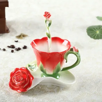 3D Ruža emajl kava Šalica mlijeka komplet sa žlicom i tanjur kreativni Keramičke Europska bone kina posuđe brak poklon