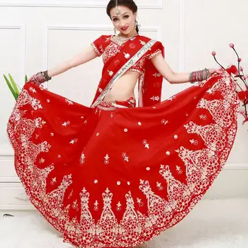 Indija Sari Za Žene Indija Plesni Ideju Lehenga Choli Četiri Komada Žena Vezene Crvene Setovi Top+Suknja+Hlače+Šal