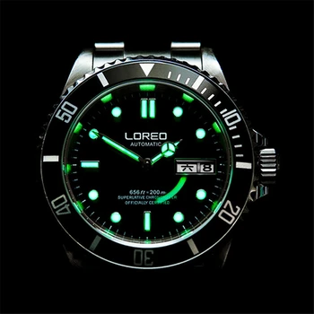 LOREO 200M vodootporan mehanički satovi muški 316L nehrđajućeg čelika dvostruko kalendar zeleni svjetlosni sat ronjenje automatski sat