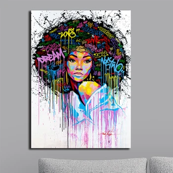 OUCAG grafiti afro kosa žene platnu Slikarstvo grafika je moderna dama bez okvira zid umjetnosti plakat i ispisuje slikovni ukras kuće