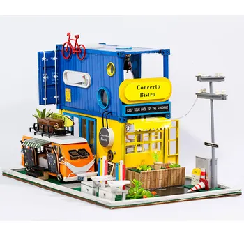 Drvena kuća Lutaka Ugostitelj kamion kreativni kontejner diy kuća lutaka za djecu minijature namještaj drveni zabawki dla doros ych