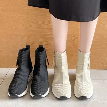 Aphixta pletenje cipele žene Visina povećanje čizme munja tkanina Mujer Sping jesen moda amortizacija Ženske cipele