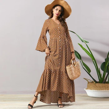 Siskakia Ruffles Polka Dot Dress proljeće ljeto 2020 Maxi Dresses Elegant V izrez Flare Long Sleeve etnička Ženska odjeća 2020 New