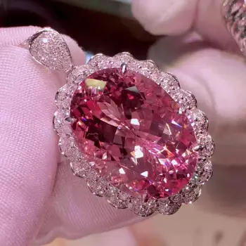 Fin nakit преувеличенная luksuz Ovalni privjesak ogrlica inlay pink crystal AAA kubni cirkonij žene godišnjica dar krug