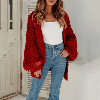 Trendi Crvene Prevelike Cardigans Žene Jesen Zima 2020 Svakodnevne Čvrste Fenjer Rukava Plus Size Kardigan Džemper Pleteni Kaputi