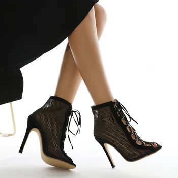 Ženske sandale s remenom na щиколотке NIUFUNI Peep Toe Mesh Čizme Fashion Stiletto High Heels Casual cipele za žene Lace Up femmes bottes