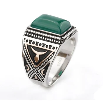 925 sterling srebro muški prsten s velikim zelenim kamen Oniks prst prsten Demon predložak i starinski stil za muškarce modni nakit