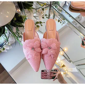 Istakao papuče lijeni papuče šljokice kristalno cvijeće decor 2020 ljetna obuća ravnim cipelama Мюллеры vanjski šik sjajna mokasinke
