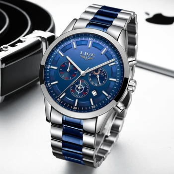 LIGE mens najbolji brand luksuznih od nehrđajućeg čelika plava vodootporna kvarcni sat muška moda kronograf muški sport vojne sat