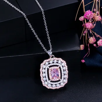 CWWZircons novi dizajner nakita kvadratnom pink cirkonij kamen pada privjesak ogrlica i naušnice moda dame CZ nakit setovi T096