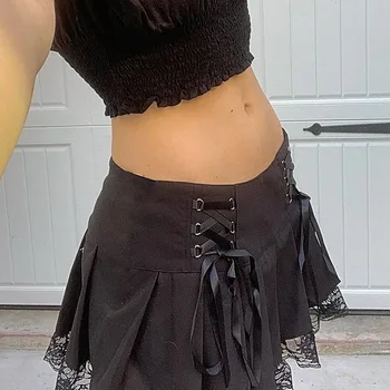 NCLAGEN gotički crne trake za zavoje čipke patchwork žene mini Плиссированная suknja Y2K Party Club visokim Strukom Bodycon kolaž suknje
