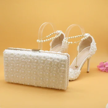 Bijele čipke cvijet vjenčanje cipele i torbe kit visoke štikle Oštar čarapa gležanj remen dame stranka cipela s odgovarajućim novčanikom шнуровка