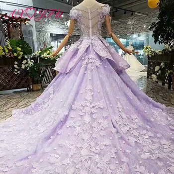 AXJFU luksuzna princeza izvlačenja Crystal violet čipke vjenčanicu vintage o vrat nevjesta Roza, ljubičasta volanima vjenčanicu 326