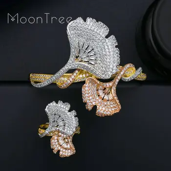 MoonTree Lxury Ginkgo Leaf Women Vjenčanje Svadba Full Micro AAA kubni cirkonij narukvica prsten Dubai haljina nakit kit