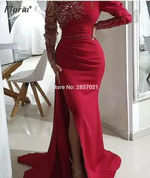 Arapski Crveni Formalne Večernje Haljine Duge Rukave Sirena Večernje Haljine Perle Elegantan Završni Haljine Turski Haute Couture Robe De Soiree