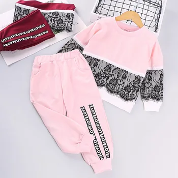 Jesenski odjeća za djevojčice 2020 novi korejski šivanje čipke džemper dugih rukava + pismo šivanje hlače od dva dijela Beba Kids Suit