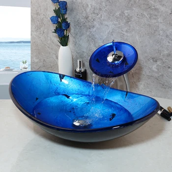 KEMAIDI Bathroom Wash Combo Kit kaljeno staklo bazen + falls Soild prikladniji mesinga dizalica plava zbirka školjki sa skočnim odvod