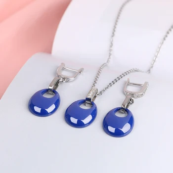 Novi Dizajn Blue Water Drop Jewelry Set Elegantan Temperament Nikada Ne Gubi Boju Zdrave Keramičke Naušnice I Ogrlica Bling Crystal Poklon