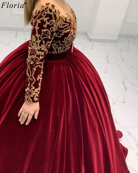 Plus Size Tamnocrvena Baršun Večernje Haljine 2020 Dugim Rukavima Svečana Večernja Haljina Zlatne Aplicirano Couture Žena Veliki Događaj Stranka