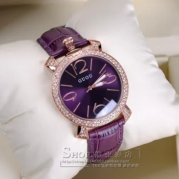 2018 Guou Brand Purple Rose Gold Women Luksuzni Brand Full Vještački Dijamant Watch Ladies Remen Od Prave Kože Kvarc Poznati Ručni Sat