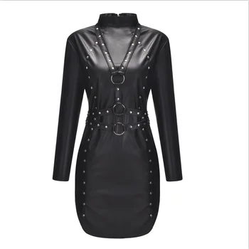 Seksi crni pogled PVC umjetna koža gotička fetiš donje rublje svezana zakovice haljina M--XXL L1114