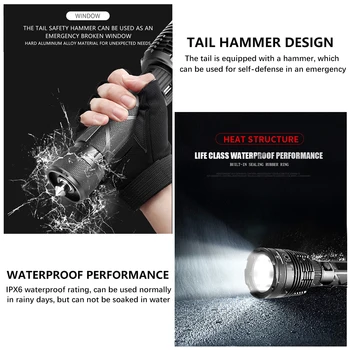 Snažan svjetiljku XHP70.2 s USB izlazom LED Torch Super Bright Waterproof 26650 Lantern with Tail Hammer Design Outdoor Lamp