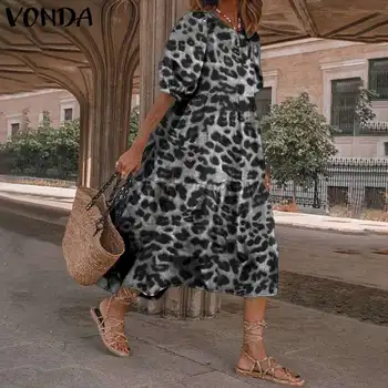 Bohemian Midi Dresses VONDA Fashion Leopard Print Dress Women Puff Short Sleeve Summer Dress Casual Vestidos Elegant Robe S-5XL