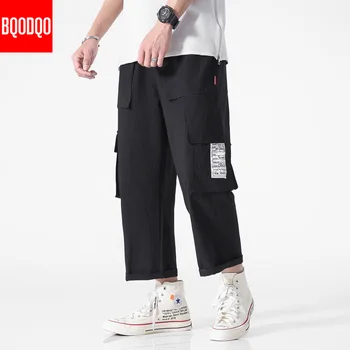 Ljetni fitness svakodnevne hlače muški hip-hop bočni džep japanski vrt odjeća ravne hlače, muška moda pamuk trkači ženske sportske hlače