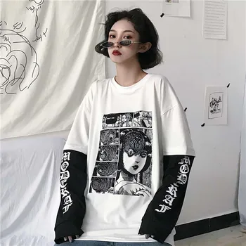 Harajuku Women T-shirt Lažni 2 Pieces Print Japanese Fujiang Horror Comics majica dugi rukav Women Vetement Femme 2020