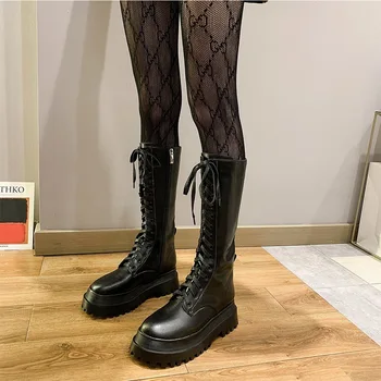 Moda Crna Sredine Telad Cijele Čarapa Botas Mujer Platforme Apartmani Munja Čipka-Up Zimska Obuća Žena Koža Debelim Dnom Čizme Ženske
