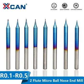 XCAN Micro Ball Nose End Mill R0.1-R0.45 Nano Blue Coated CNC fraise 2 flaute mikro karbida glodanje glodanje malo