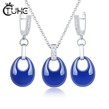 Novi Dizajn Blue Water Drop Jewelry Set Elegantan Temperament Nikada Ne Gubi Boju Zdrave Keramičke Naušnice I Ogrlica Bling Crystal Poklon