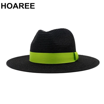 HOAREE Muškarci Žene Panama moderan crno zelena slamnati šešir od Sunca britanski stil Jazz Федора godišnji plaža brand трилби širokog oboda