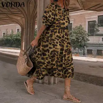 Bohemian Midi Dresses VONDA Fashion Leopard Print Dress Women Puff Short Sleeve Summer Dress Casual Vestidos Elegant Robe S-5XL