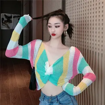 Rainbow Boja Twist Sprijeda Pulover Džemper Top Dubok V Izrez S Dugim Rukavima Pletene Top Ženska Moda 2020 Šarenilo Obrezivanje Džemper Top