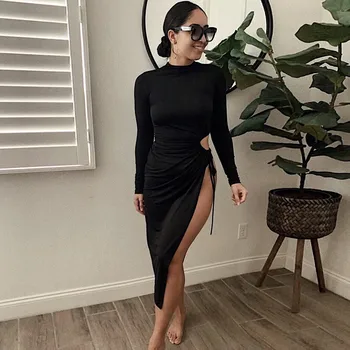 CHRONSTYLE Dress 2020 Fall Women Long Sleeve Turtleneck High Split Maxi Dress Solid Hollow Out Lace-up banding Bodycon Clubwear