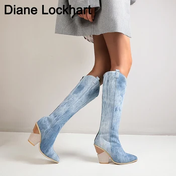 Crna pink plave čizme do koljena zapadne kaubojske čizme za žene duge zimske čizme Oštar čarapa čobanica klinovi moto čizme
