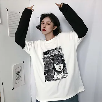 Harajuku Women T-shirt Lažni 2 Pieces Print Japanese Fujiang Horror Comics majica dugi rukav Women Vetement Femme 2020