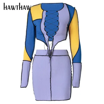 Hawthaw Women Jesen Zima Dugih Rukava Color Block Patchwork Usjeva Vrhovima Paket Hip Kratka Mini Suknja Kompleti Od Dva Dijela Ulica Odijevanje