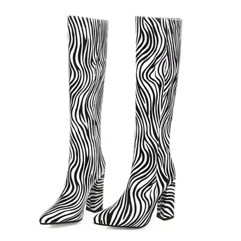 Koljeno visoke čizme Oštar čarapa nabijen blok Zebra print za žene Oštar čarapa visoke štikle cipele dame debelu petu čizme u228