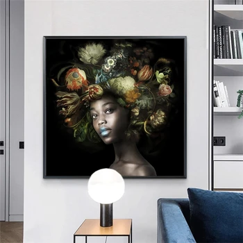 Crna žena sa cvijećem na glavi ulje na platnu ispis na platnu umjetničkih plakata i graviranje Afrička flower girl umjetničke slike Cuadros