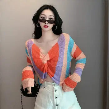 Rainbow Boja Twist Sprijeda Pulover Džemper Top Dubok V Izrez S Dugim Rukavima Pletene Top Ženska Moda 2020 Šarenilo Obrezivanje Džemper Top